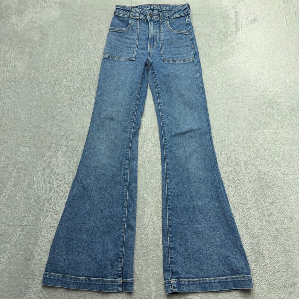 American Eagle Jeans Womens 00 Blue Super Hi-Rise Flare Stretch Denim - Picture 1 of 10